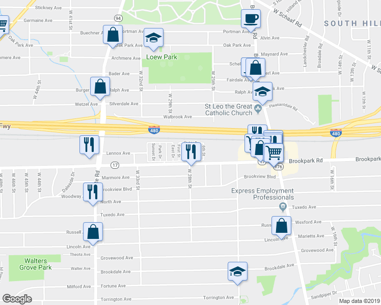 map of restaurants, bars, coffee shops, grocery stores, and more near 5 St in Cleveland