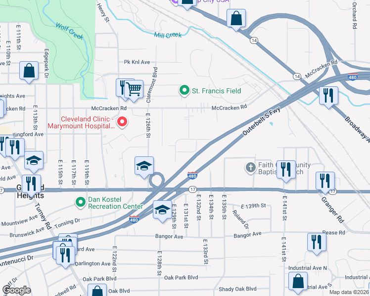 map of restaurants, bars, coffee shops, grocery stores, and more near 13005 Oak Street in Cleveland
