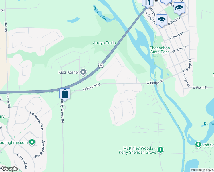 map of restaurants, bars, coffee shops, grocery stores, and more near 25709 West Bridge Street in Channahon