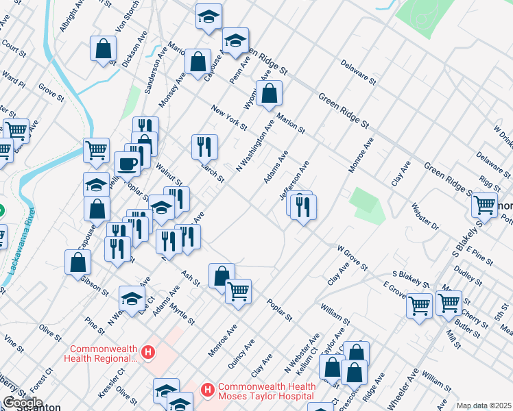 map of restaurants, bars, coffee shops, grocery stores, and more near 605 Larch Street in Scranton