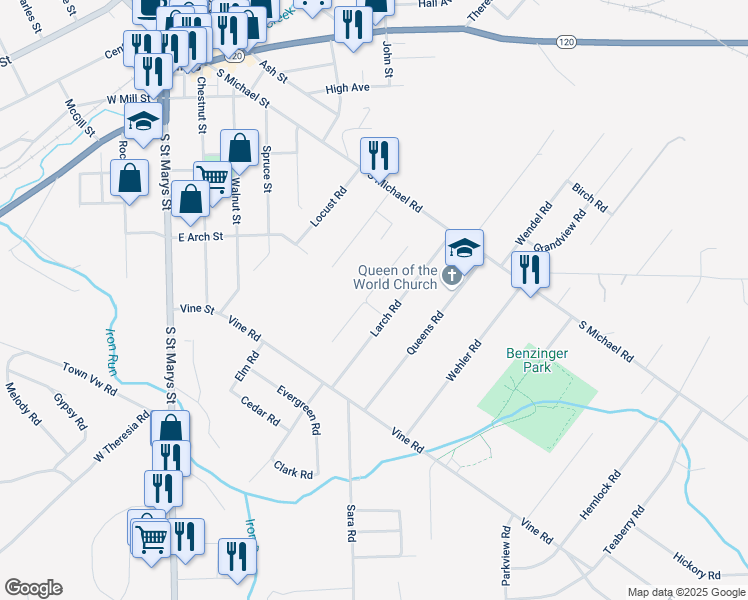 map of restaurants, bars, coffee shops, grocery stores, and more near Aspen St in St Marys