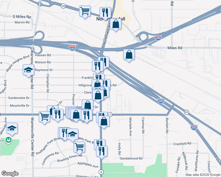 map of restaurants, bars, coffee shops, grocery stores, and more near 5195 Northfield Road in Bedford Heights