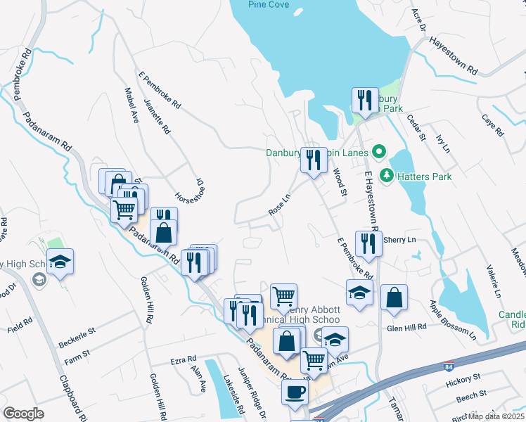 map of restaurants, bars, coffee shops, grocery stores, and more near 19 Rose Lane in Danbury