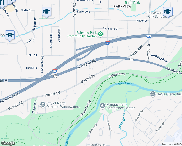 map of restaurants, bars, coffee shops, grocery stores, and more near 22900 Mastick Road in Fairview Park