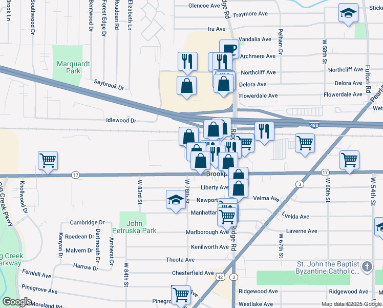 map of restaurants, bars, coffee shops, grocery stores, and more near 7460 Brookpark Rd in Cleveland