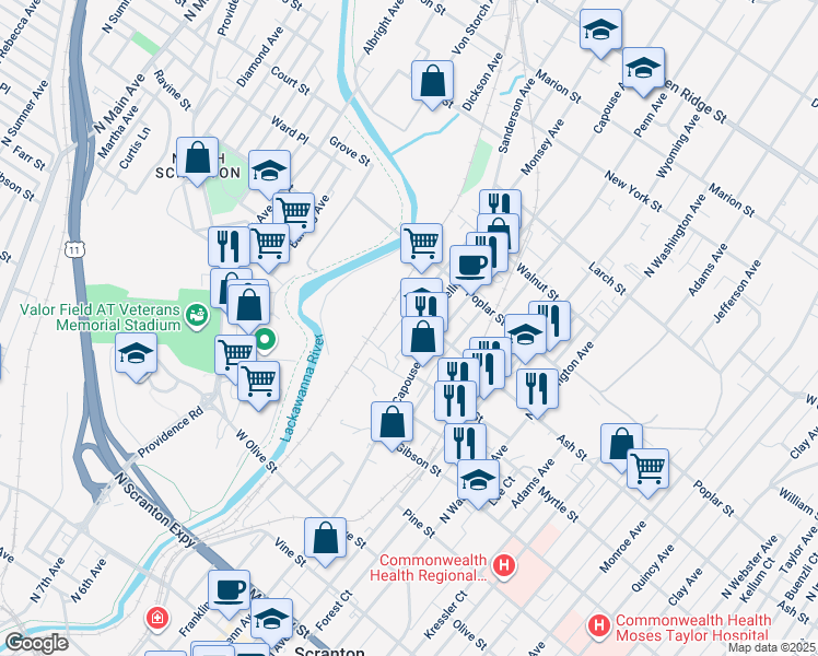 map of restaurants, bars, coffee shops, grocery stores, and more near 918 Sanderson Avenue in Scranton