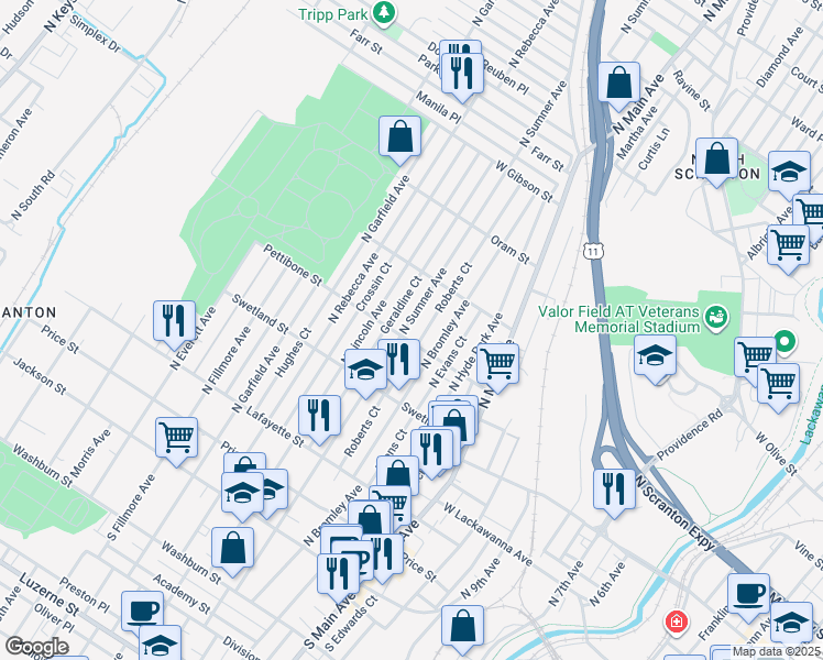 map of restaurants, bars, coffee shops, grocery stores, and more near 1318 Pettibone Street in Scranton
