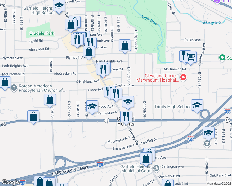 map of restaurants, bars, coffee shops, grocery stores, and more near 5233 Turney Road in Garfield Heights
