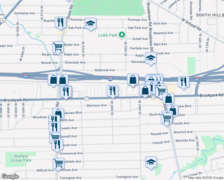 map of restaurants, bars, coffee shops, grocery stores, and more near 6 Fifth Street in Cleveland
