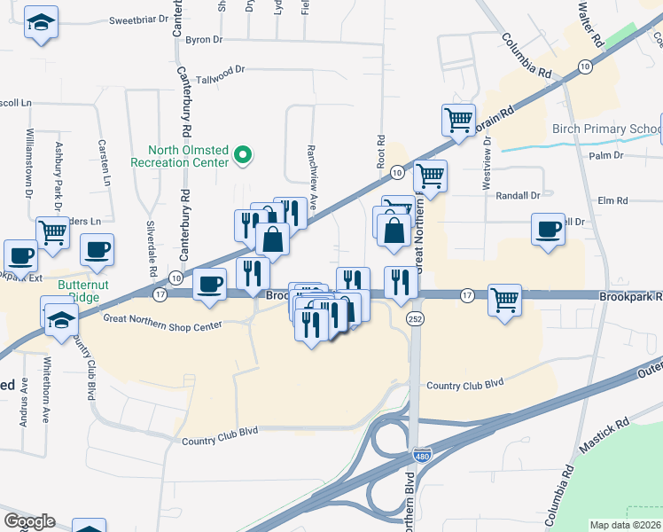 map of restaurants, bars, coffee shops, grocery stores, and more near 4818 Bailey Road in North Olmsted