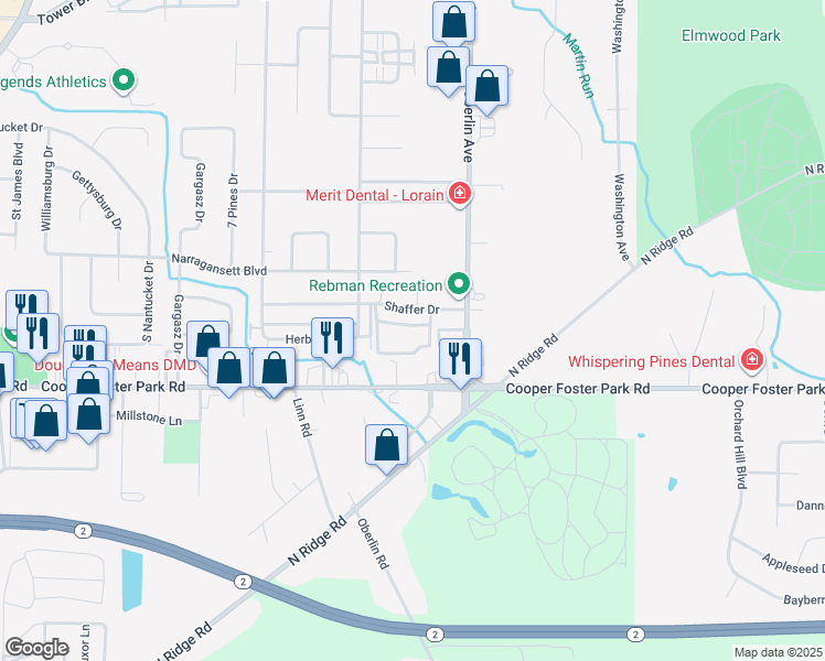 map of restaurants, bars, coffee shops, grocery stores, and more near 1309 Shaffer Drive in Lorain