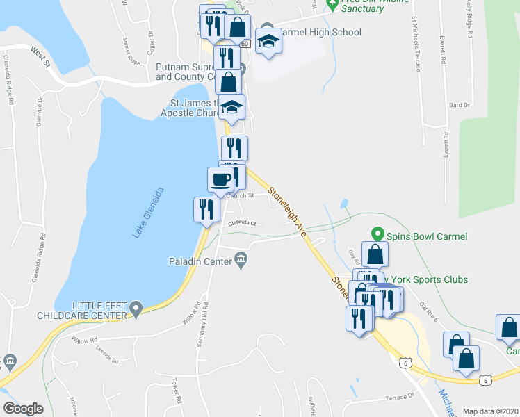 map of restaurants, bars, coffee shops, grocery stores, and more near 14 Church Street in Carmel