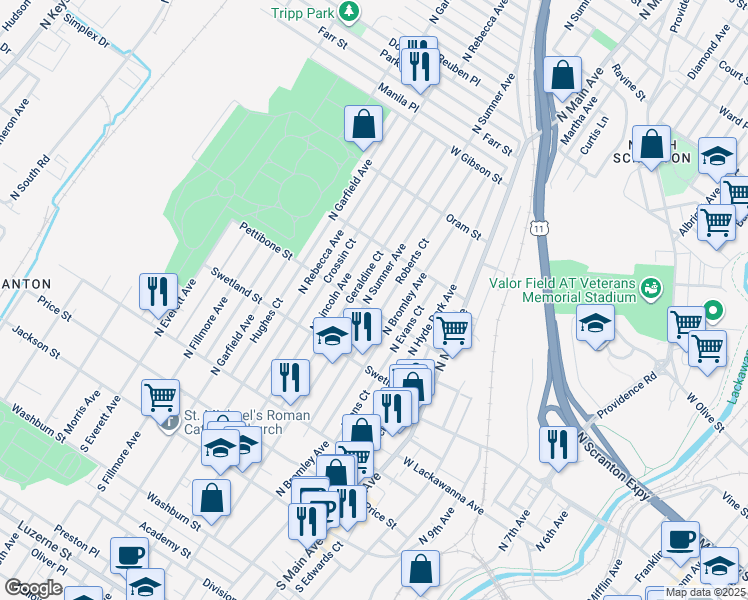 map of restaurants, bars, coffee shops, grocery stores, and more near 1318 Pettibone Street in Scranton