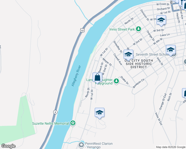 map of restaurants, bars, coffee shops, grocery stores, and more near 1120 West 1st Street in Oil City