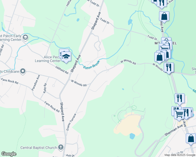 map of restaurants, bars, coffee shops, grocery stores, and more near 346 West Woods Road in Hamden