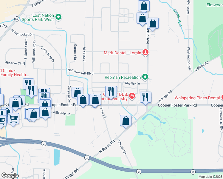 map of restaurants, bars, coffee shops, grocery stores, and more near 1423 Herbert Drive in Lorain