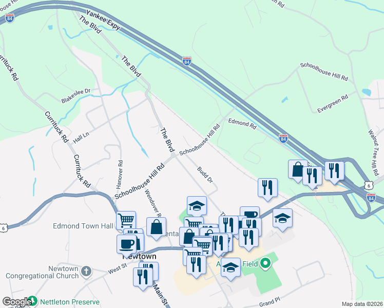 map of restaurants, bars, coffee shops, grocery stores, and more near 28 Schoolhouse Hill Road in Newtown