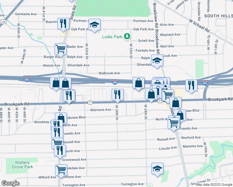 map of restaurants, bars, coffee shops, grocery stores, and more near 6 Fifth Street in Cleveland