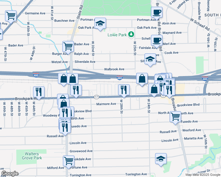 map of restaurants, bars, coffee shops, grocery stores, and more near 4 First Street in Cleveland