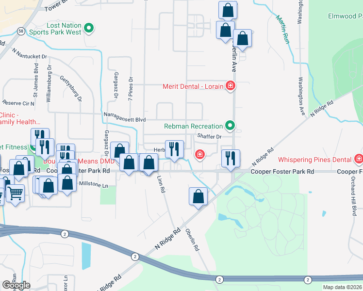 map of restaurants, bars, coffee shops, grocery stores, and more near 1400 Herbert Drive in Lorain
