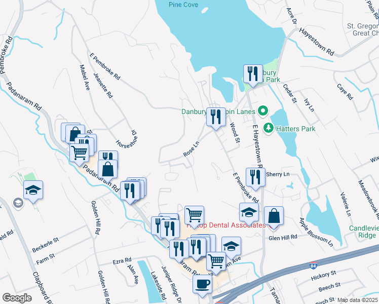 map of restaurants, bars, coffee shops, grocery stores, and more near 10 Rose Lane in Danbury