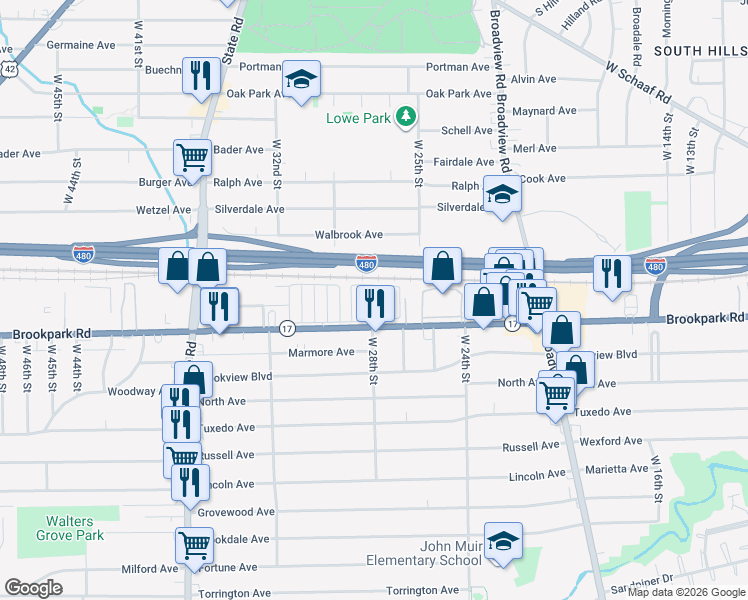 map of restaurants, bars, coffee shops, grocery stores, and more near 2700 Brookpark Road in Cleveland