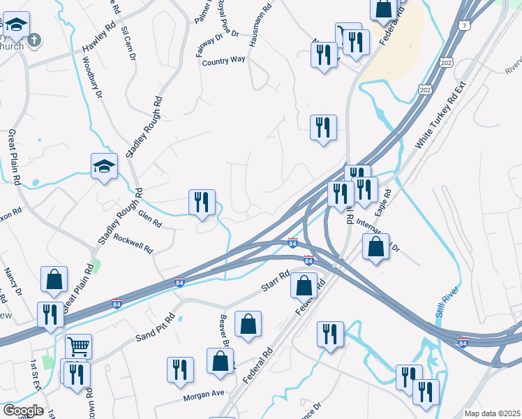 map of restaurants, bars, coffee shops, grocery stores, and more near 1206 Eaton Court in Danbury