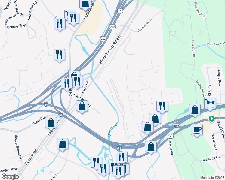 map of restaurants, bars, coffee shops, grocery stores, and more near 2 Mountainview Terrace in Danbury