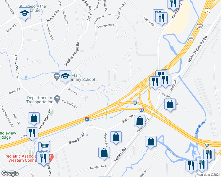 map of restaurants, bars, coffee shops, grocery stores, and more near 2207 Eaton Court in Danbury