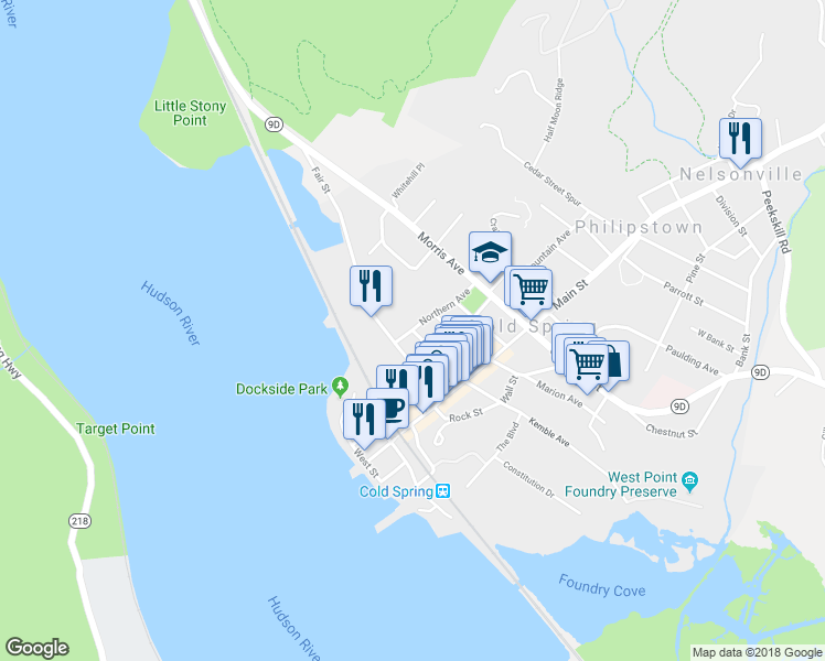 map of restaurants, bars, coffee shops, grocery stores, and more near 1 Garden Street in Cold Spring