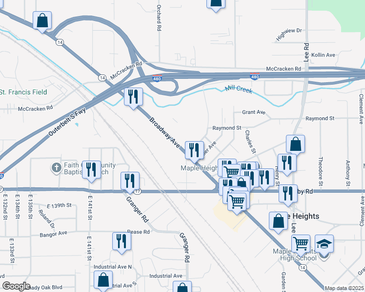 map of restaurants, bars, coffee shops, grocery stores, and more near 15111 Broadway Avenue in Maple Heights