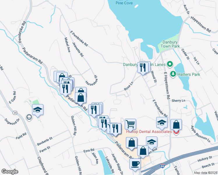 map of restaurants, bars, coffee shops, grocery stores, and more near 17 Hayestown Heights in Danbury