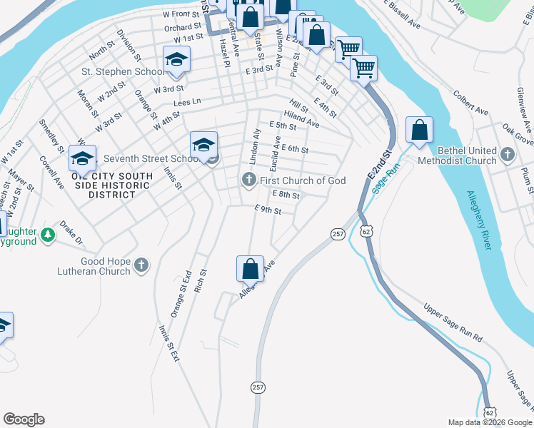 map of restaurants, bars, coffee shops, grocery stores, and more near 105 East 9th Street in Oil City