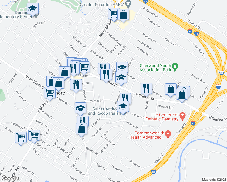 map of restaurants, bars, coffee shops, grocery stores, and more near 123 Harrison Street in Dunmore