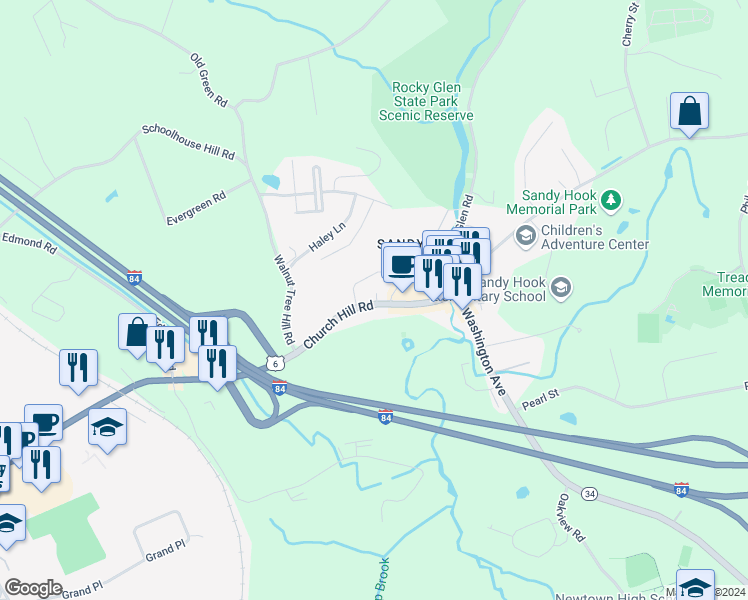 map of restaurants, bars, coffee shops, grocery stores, and more near 86 Connecticut 34 in Newtown