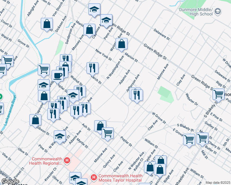 map of restaurants, bars, coffee shops, grocery stores, and more near 605 Larch Street in Scranton