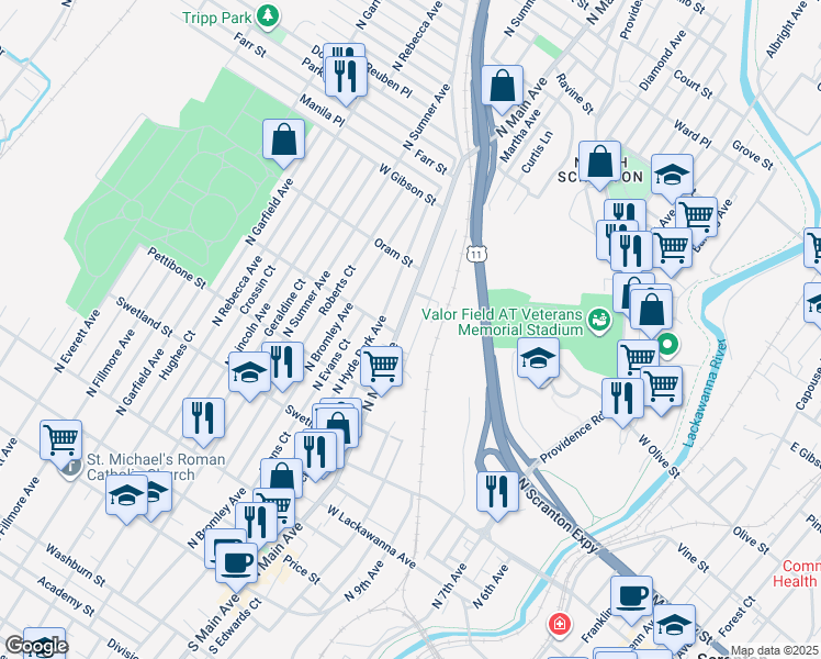 map of restaurants, bars, coffee shops, grocery stores, and more near 724 Powderly Ct in Scranton