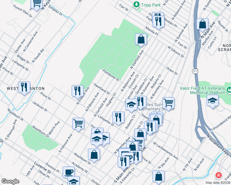 map of restaurants, bars, coffee shops, grocery stores, and more near 371 North Rebecca Avenue in Scranton