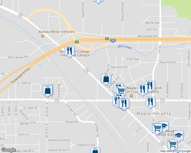 map of restaurants, bars, coffee shops, grocery stores, and more near 15111 Broadway Avenue in Maple Heights