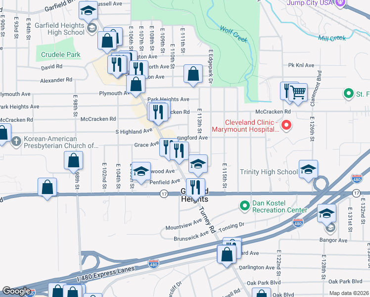 map of restaurants, bars, coffee shops, grocery stores, and more near 5233 Turney Road in Garfield Heights