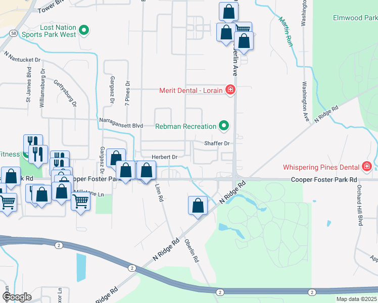 map of restaurants, bars, coffee shops, grocery stores, and more near 1401 Herbert Drive in Lorain