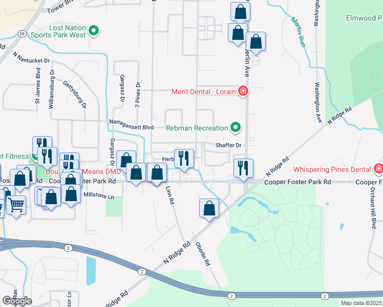 map of restaurants, bars, coffee shops, grocery stores, and more near 1423 Herbert Drive in Lorain