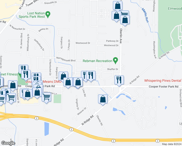 map of restaurants, bars, coffee shops, grocery stores, and more near 1423 Herbert Drive in Lorain