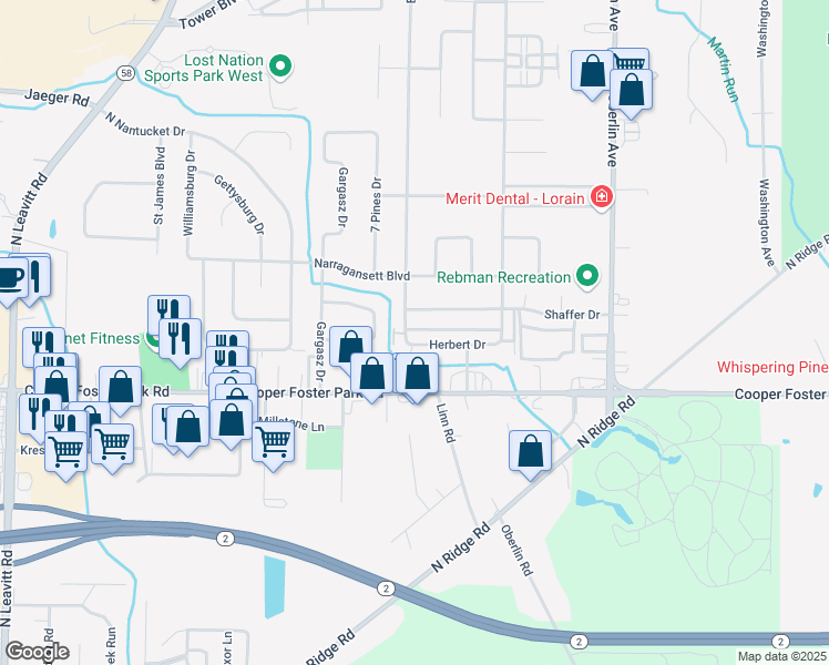 map of restaurants, bars, coffee shops, grocery stores, and more near 1525 Herbert Drive in Lorain