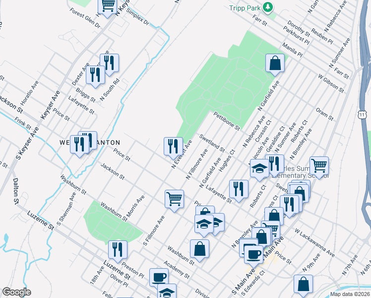 map of restaurants, bars, coffee shops, grocery stores, and more near 317 North Everett Avenue in Scranton