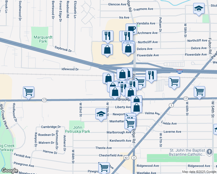 map of restaurants, bars, coffee shops, grocery stores, and more near 7460 Brookpark Road in Cleveland