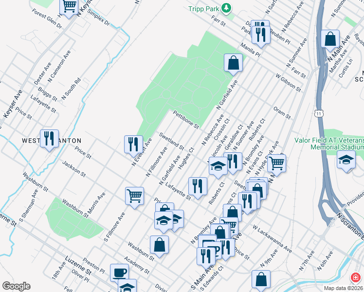 map of restaurants, bars, coffee shops, grocery stores, and more near 371 North Rebecca Avenue in Scranton