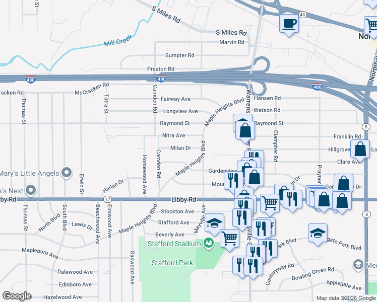map of restaurants, bars, coffee shops, grocery stores, and more near 19515 Gardenview Drive in Maple Heights