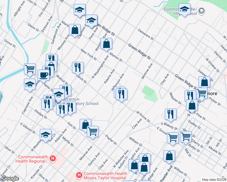 map of restaurants, bars, coffee shops, grocery stores, and more near 1319 Madison Avenue in Dunmore