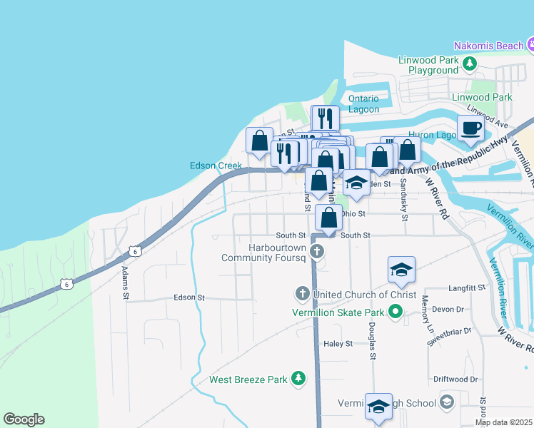 map of restaurants, bars, coffee shops, grocery stores, and more near Ohio St & Perry St in Vermilion
